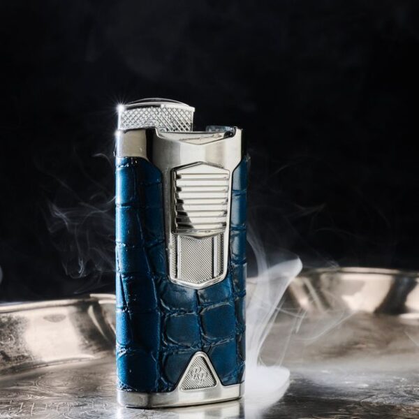 Rocky Patel Statesman Lighter Silver Blue Leather Flame Torch