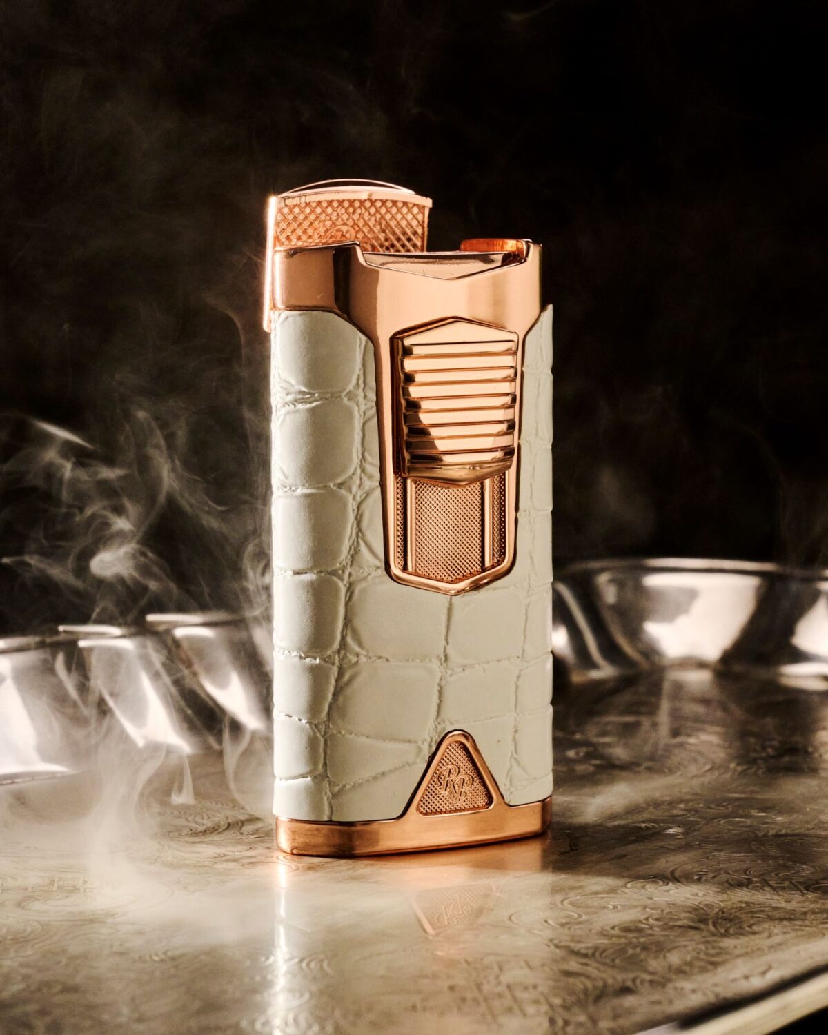 Rocky Patel Statesman Lighter Rose Gold White Leather Flame Torch